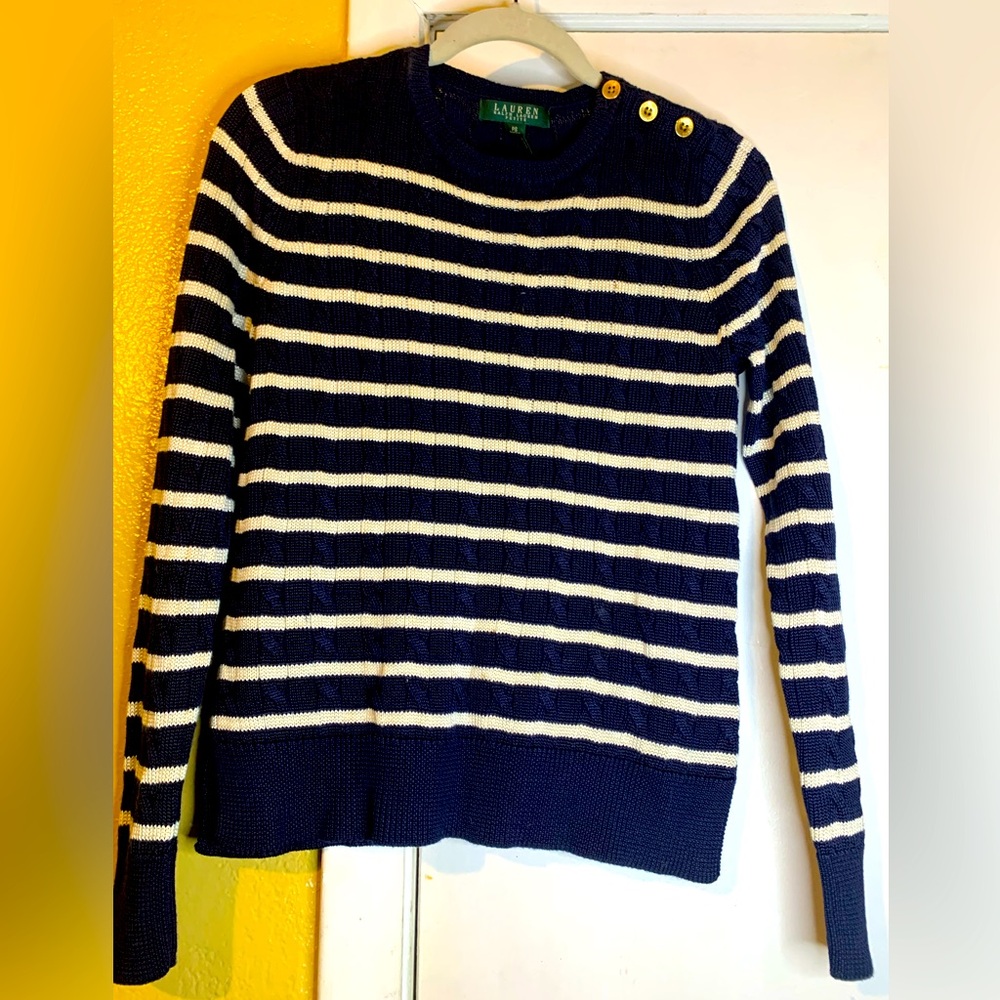 Ralph Lauren Navy and White Striped Button-Shoulder Sweater